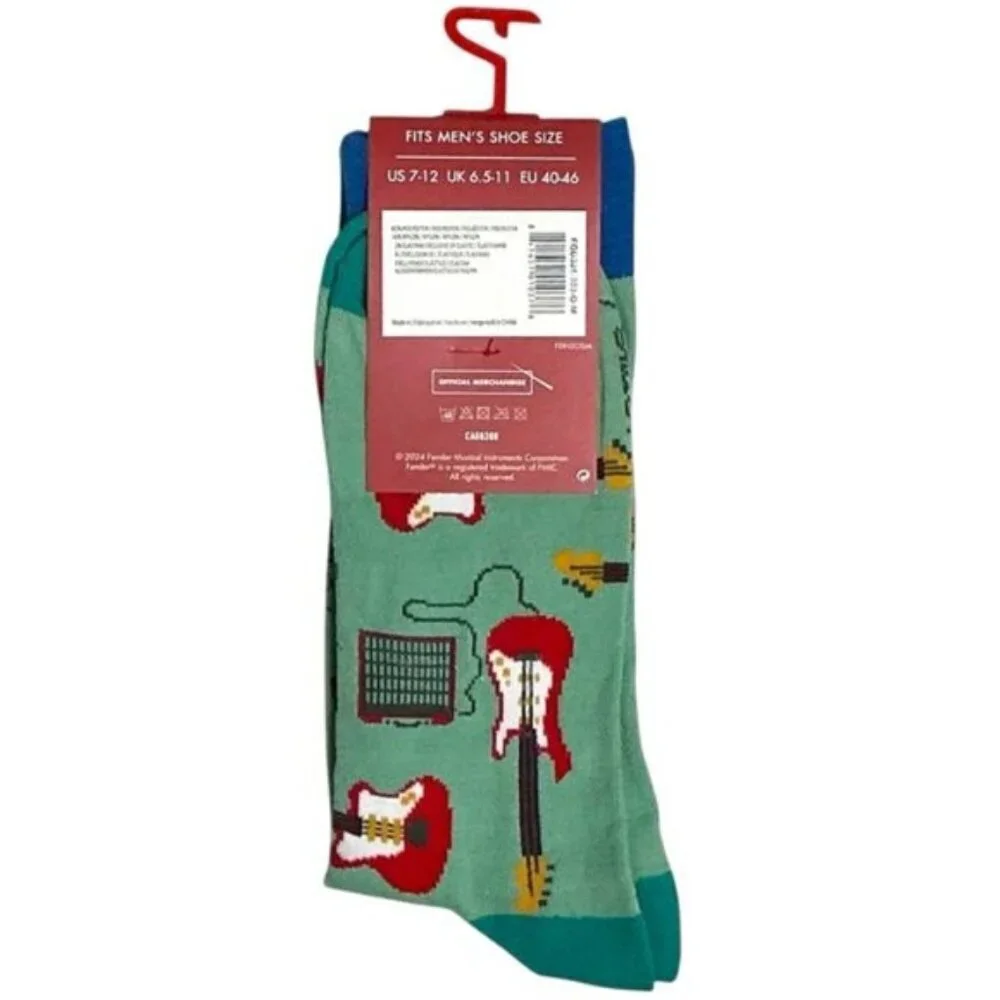 Fender Guitar Crew Socks Novelty Print Seafoam Green Blue Red Unisex Mens 7-12